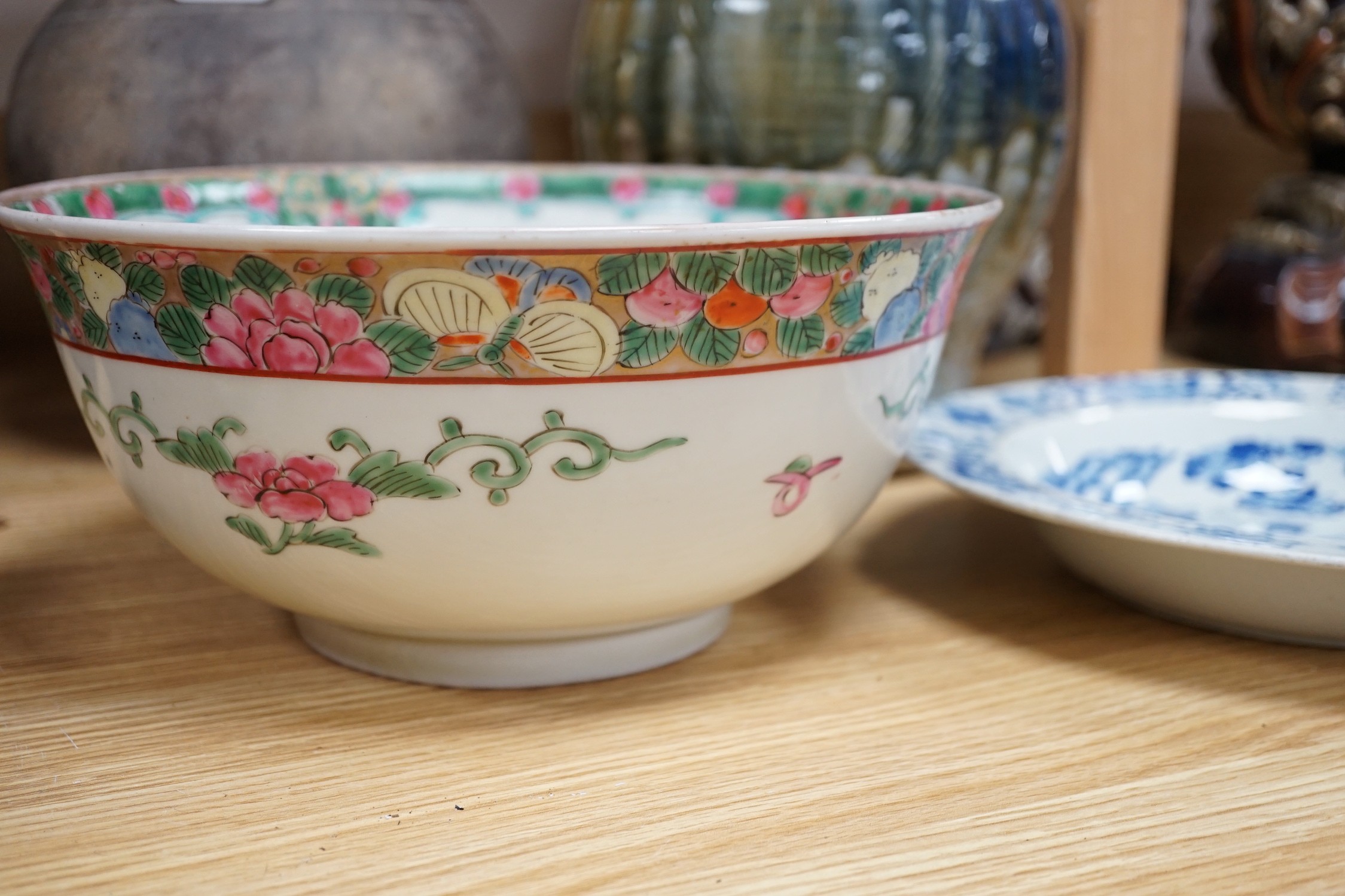 Two studio pottery vases, a Japanese enamelled porcelain bowl and a Masons Ironstone blue and white soup plate, tallest 28cm